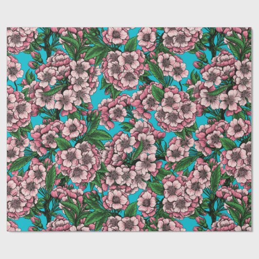 Papier Cadeau Fleur de cerisier sur bleu (Plat)