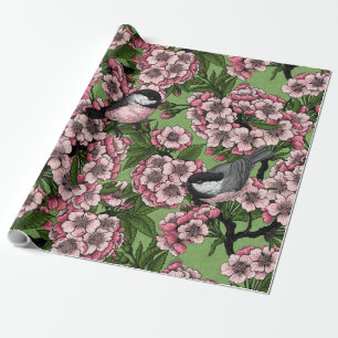 Papier Cadeau Fleur de cerisiers et poulets verts