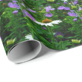 Papier Cadeau Fleur de cône blanc, fleurs pourpres et papillon (Coin rond)