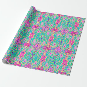 Papier Cadeau Fleur de Dahlia Décorative Vert Turquoise et Rose
