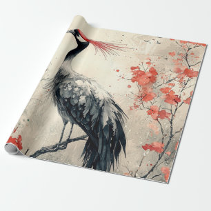 Papier Cadeau Fleur de Grue Rouge Lavis d'Encre (1)