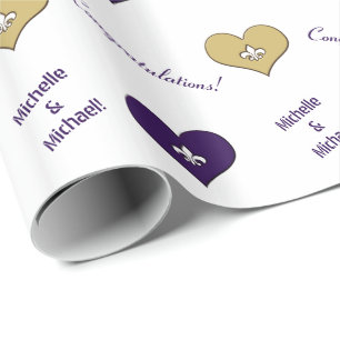 Papier Cadeau Fleur de Lis Coeur Purple Or personnalisé