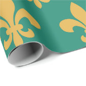 Papier Cadeau Fleur de Lis d'or sur Emerald Green (Coin rond)