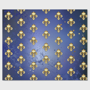 Papier Cadeau Fleur de Lis dorée sur fond bleu