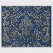Papier Cadeau Fleur de lis, marbre bleu et or (Plat)