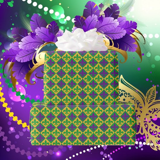 Papier Cadeau Fleur de lis Mardi Gras Purple Vert Jaune