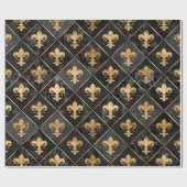Papier Cadeau Fleur de lis motif Marbre noir et or (Plat)