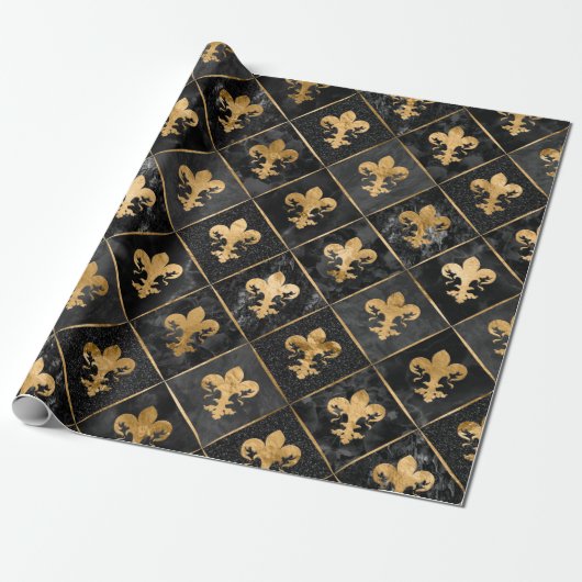 Papier Cadeau Fleur de lis motif Marbre noir et or (Déroulé)