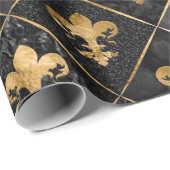 Papier Cadeau Fleur de lis motif Marbre noir et or (Coin rond)