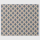 Papier Cadeau Fleur de Lis Motif, Royal French Blue sur Crème (Plat)