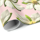 Papier Cadeau Fleur de Magnolia Tropical Printemps Rose Blanc (Coin rond)