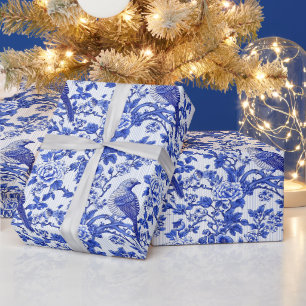 Papier Cadeau Fleur de monogramme d'oiseau en chinoiserie bleue