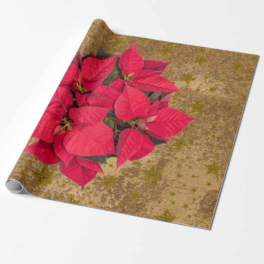 Papier Cadeau Fleur de Noël rouge, étoiles d'or sur papier abstr (Déroulé)