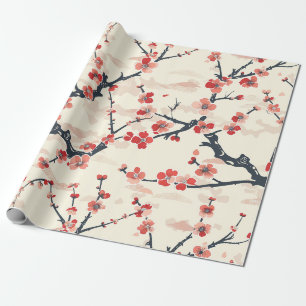 Papier Cadeau Fleur de prunier rouge corail japonais Motif de va