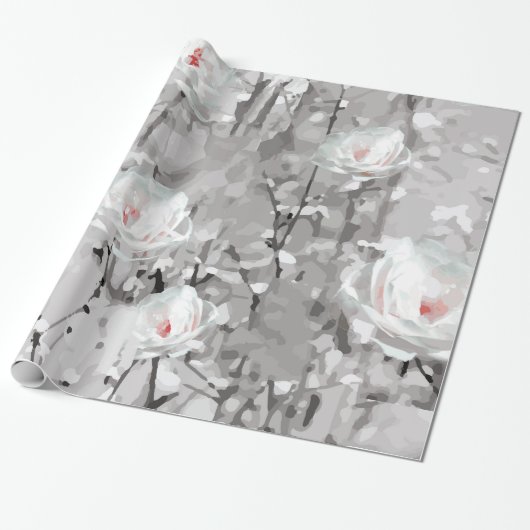 Papier Cadeau Fleur de rose blanche gris floral d'hiver (Déroulé)