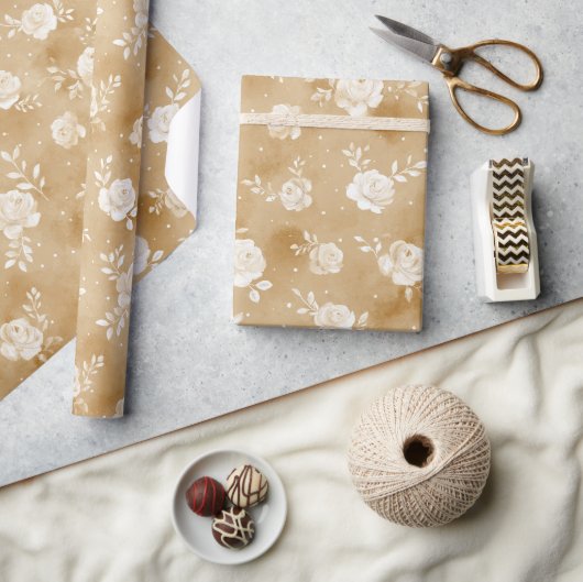 Papier Cadeau Fleur de rose crème marron clair Anniversaire (Artisanat)