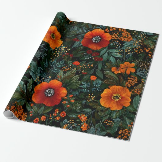 Papier Cadeau Fleur de style rustique orange vert botanique gras (Déroulé)