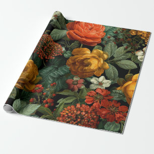 Papier Cadeau Fleur de style rustique orange vert botanique gras