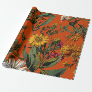 Papier Cadeau Fleur de style rustique orange vert botanique gras