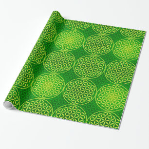 Papier Cadeau Fleur de vie - motif de timbre - vert