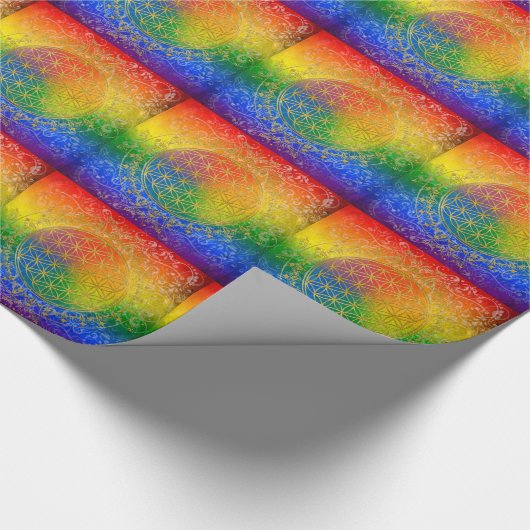 Papier Cadeau Fleur de vie - Ornement Arc-en-ciel or (Coin)
