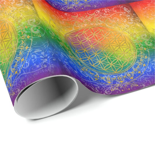 Papier Cadeau Fleur de vie - Ornement Arc-en-ciel or (Coin rond)