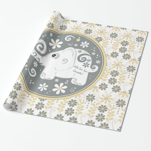 Papier Cadeau Fleur d'éléphant jaune gris blanc fantaisie (Déroulé)