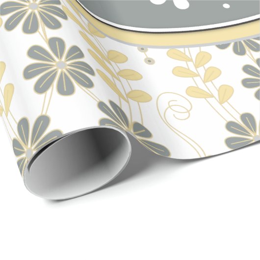 Papier Cadeau Fleur d'éléphant jaune gris blanc fantaisie (Coin rond)