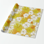 Papier Cadeau Fleur d'Hibiscus Jaune Hawaïen Tropical<br><div class="desc">Papier cadeau floral coloré avec motif de fleurs d'hibiscus hawaïennes jaunes et blanches, sur fond de feuilles de palmier orange</div>