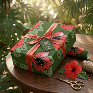 Papier Cadeau Fleur d'Hibiscus Rouge Tropical avec des Feuilles 