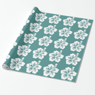 Papier Cadeau Fleur d'Hibiscus turquoise et blanc