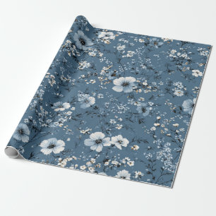 Papier Cadeau Fleur Ditsy Bleue Pastel Boho Vintage 70s