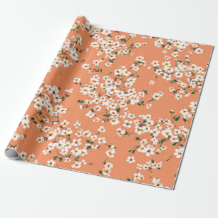 Papier Cadeau Fleur Ditsy Orange Blanc Pastel Bohème Vintage 70s