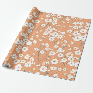 Papier Cadeau Fleur Ditsy Orange Blanc Pastel Bohème Vintage 70s