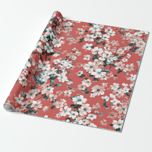 Papier Cadeau Fleur Ditsy Rouge Blanc Pastel Bohème Vintage 70s