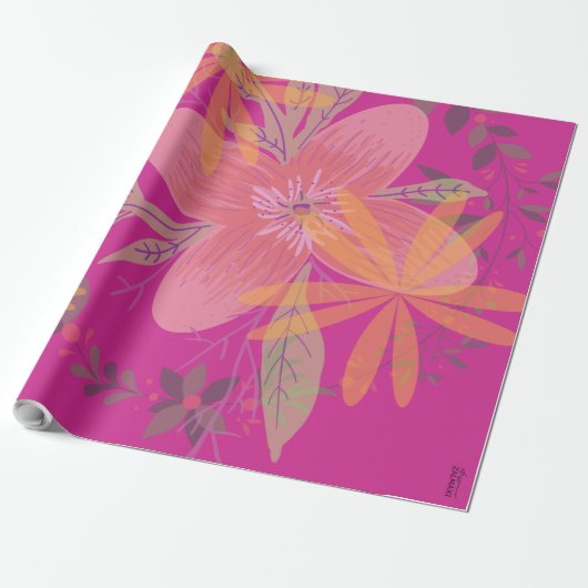 Papier Cadeau Fleur Fuchsia Feuille d'or (Déroulé)