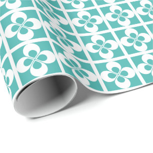 Papier Cadeau Fleur géométrique blanche sur vert-de-gris bleu-ve