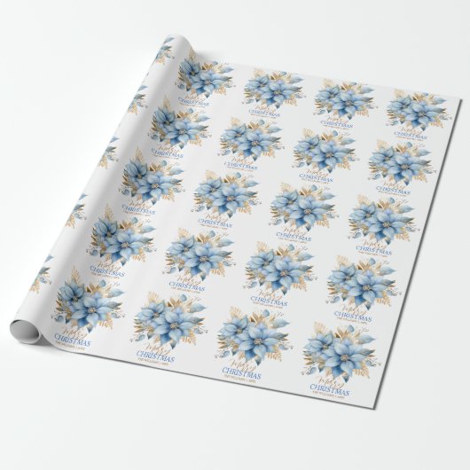 Papier Cadeau Fleur Icy Blue Gold Poinsettia Noël | Nom (Déroulé)
