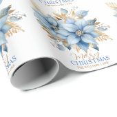 Papier Cadeau Fleur Icy Blue Gold Poinsettia Noël | Nom (Coin rond)
