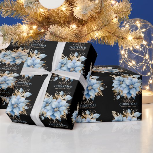 Papier Cadeau Fleur Icy Blue Gold Poinsettia Noël | Nom (Vacances)