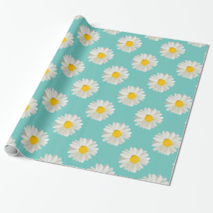 Papier Cadeau Fleur imprimé marguerite sur turquoise
