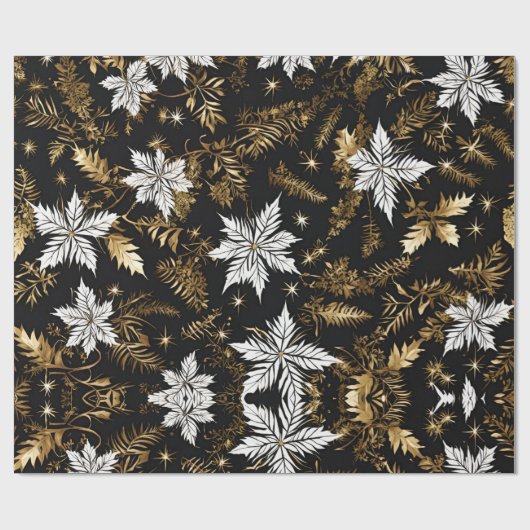 Papier Cadeau Fleur Noir Blanc Or (Plat)