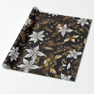 Papier Cadeau Fleur Noir Blanc Or
