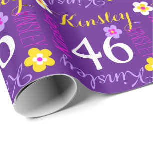 Papier Cadeau Fleur nom personnalisé âge 46e anniversaire violet