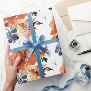 Papier Cadeau Fleur orange et bleu à l'aquarelle