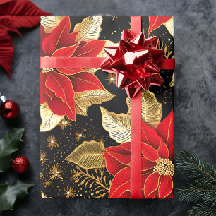 Papier Cadeau Fleur Poinsettia en noir feuille d'or Noël