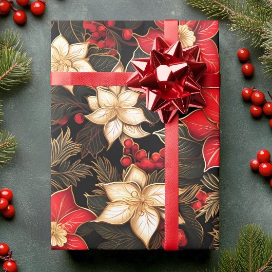 Papier Cadeau Fleur Poinsettia en or rouge noir | Noël