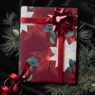 Papier Cadeau Fleur Poinsettia Rouge et Vert Noël Floral