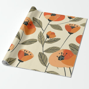 Papier Cadeau Fleur Retro Orange Botanique Gras Fleur Vintage 70