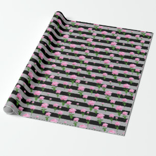 Papier Cadeau Fleur Rose Rose Sur Gris Gris Bandes Noires Motif